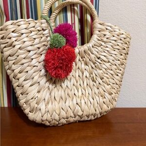 Natural Straw Tote with Colorful Pom Poms